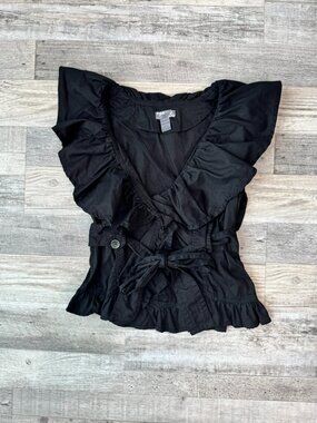 Poetry Clothing Black Cotton Ruffled Tie Front Top Size Medium A18